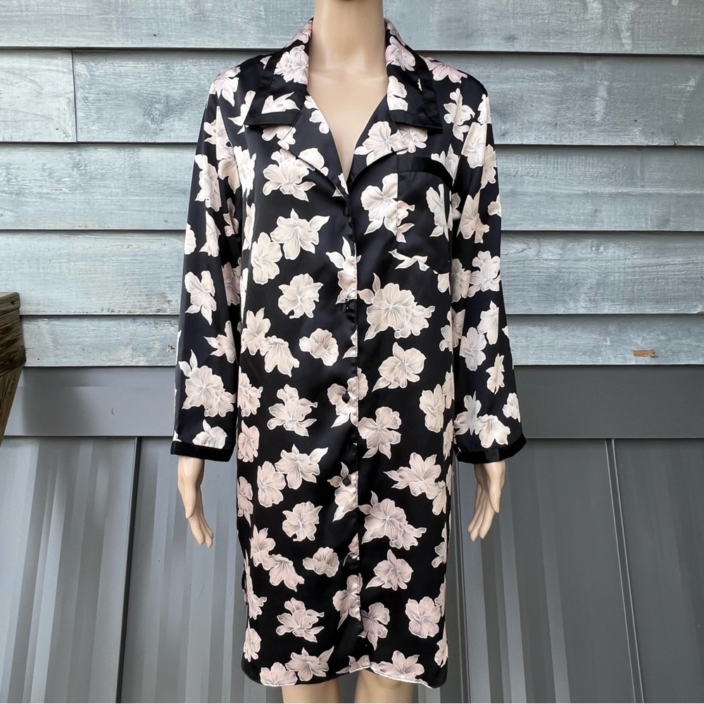 Vtg. Sugar Plum Pajama Night Shirt Gown Button Front Satin Floral Size Small